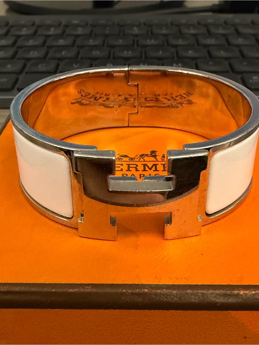 Vintage Hermès Le Bracelet H White Enamel Wide H Bracelet Palladium